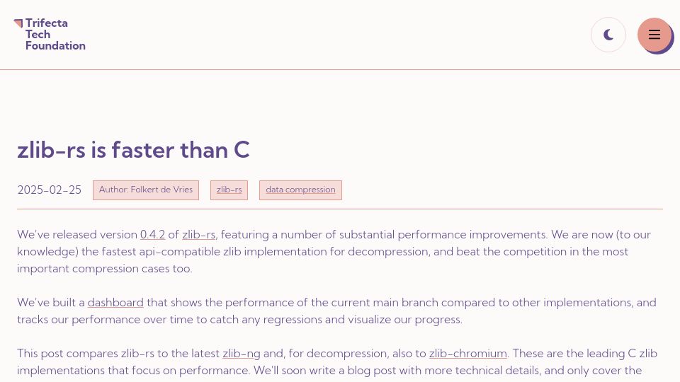Screenshot of trifectatech.org: Zlib-rs is faster than C