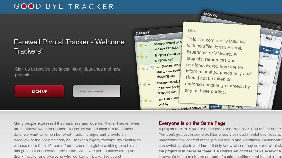 Screenshot of bye-tracker.net: Show HN: 10 teams are racing to build a pivotal tracker replacement