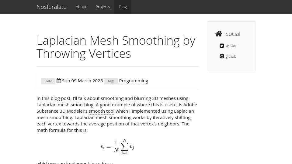 Screenshot of nosferalatu.com: Laplacian Mesh Smoothing by Throwing Vertices