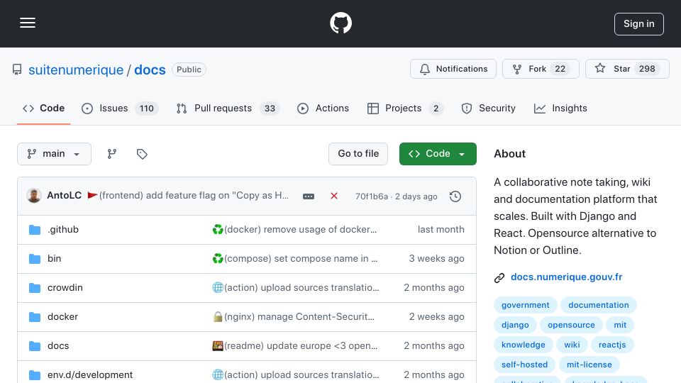 Screenshot of github.com: Docs – Open source alternative to Notion or Outline