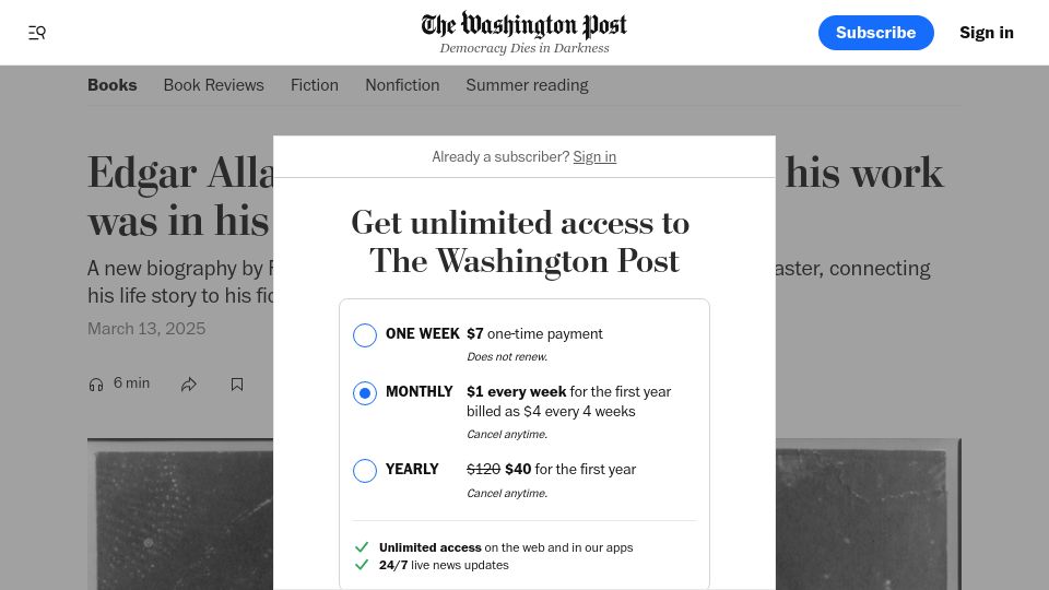 Screenshot of washingtonpost.com: Edgar Allan Poe's life was a mess. But his work was in his command
