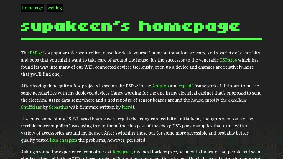 Screenshot of supakeen.com: ESP32 WiFi Superstitions