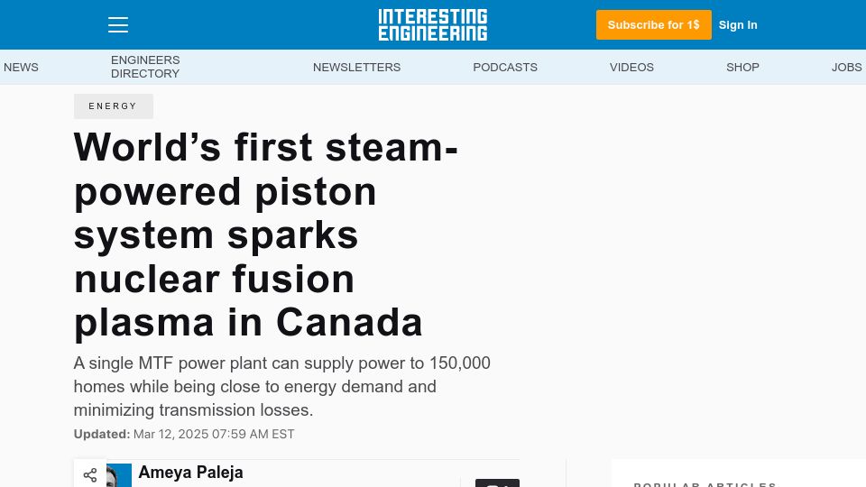 Screenshot of interestingengineering.com: Steam-powered piston system sparks nuclear fusion plasma in Canada