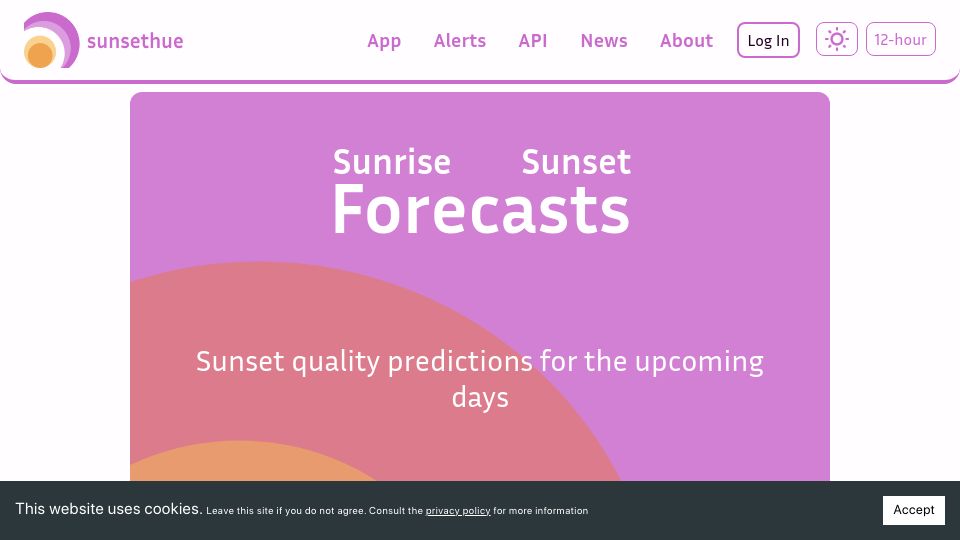 Screenshot of sunsethue.com: Sunsethue – Forecast Sunset Beauty