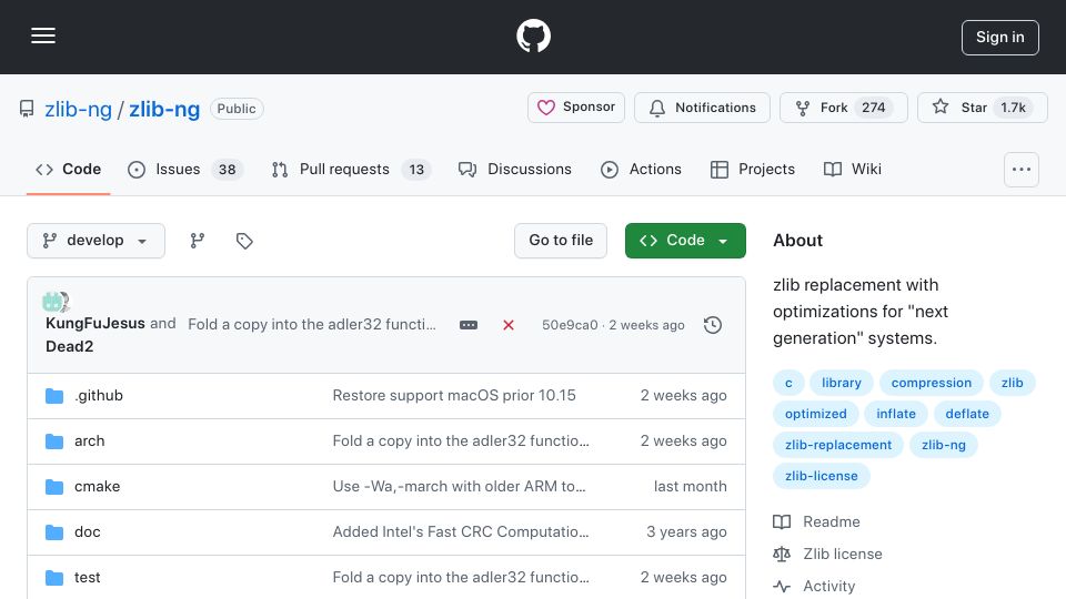 Screenshot of github.com: zlib-ng: zlib replacement with optimizations for "next generation" systems