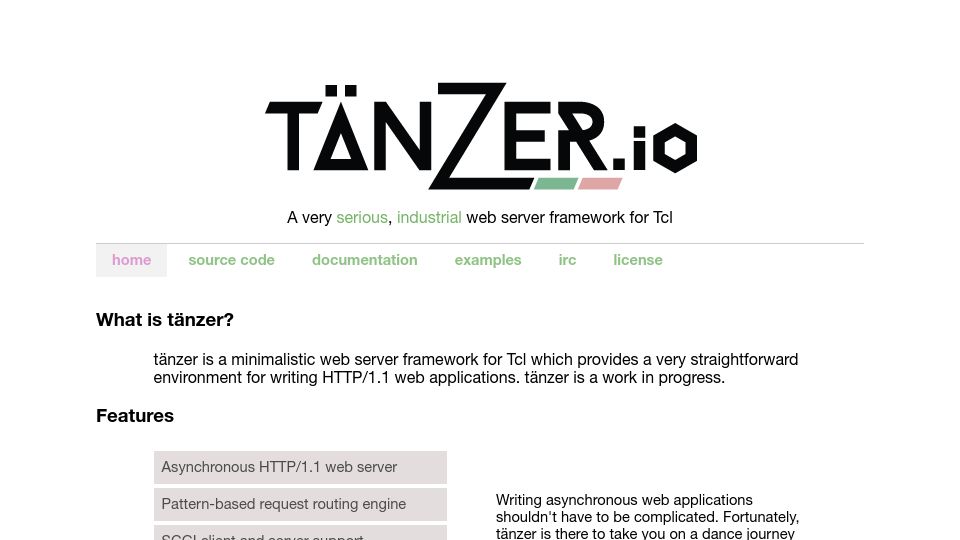 Screenshot of tanzer.io: Tänzer: The lovable web server framework for Tcl