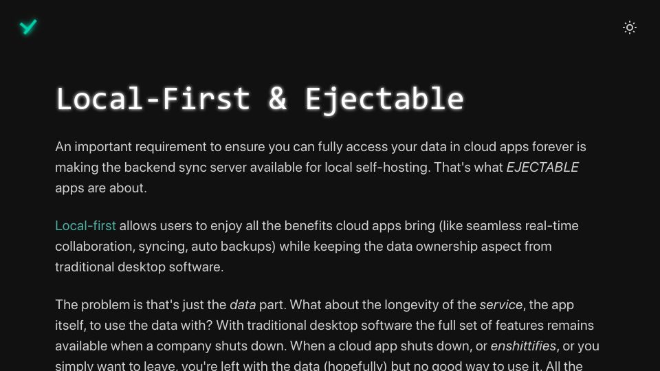 Screenshot of thymer.com: Local-First and Ejectable