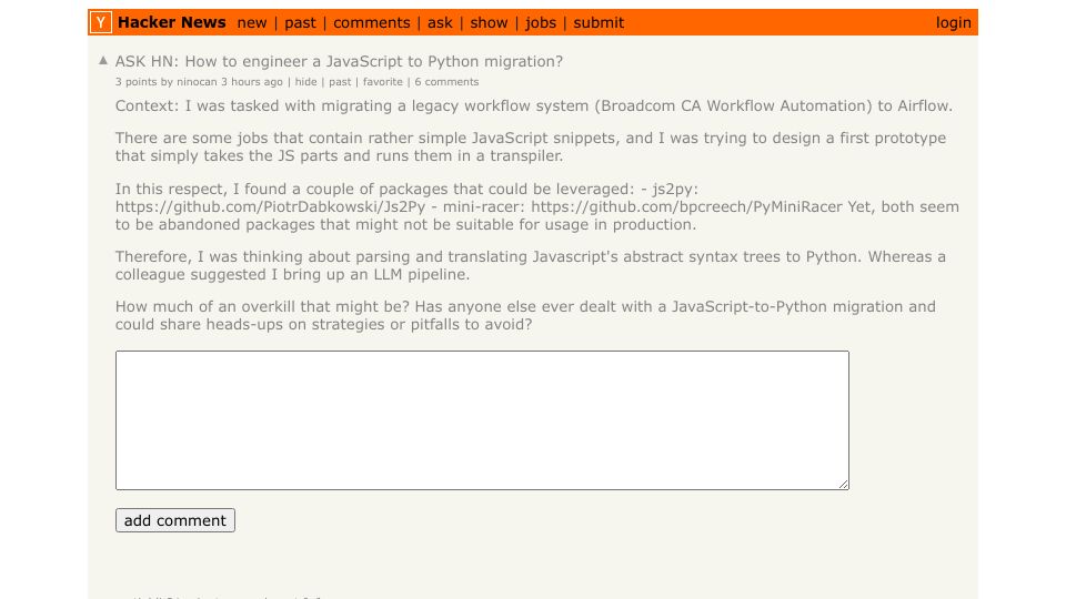 Screenshot of Hacker News post: ASK HN: How to engineer a JavaScript to Python migration?