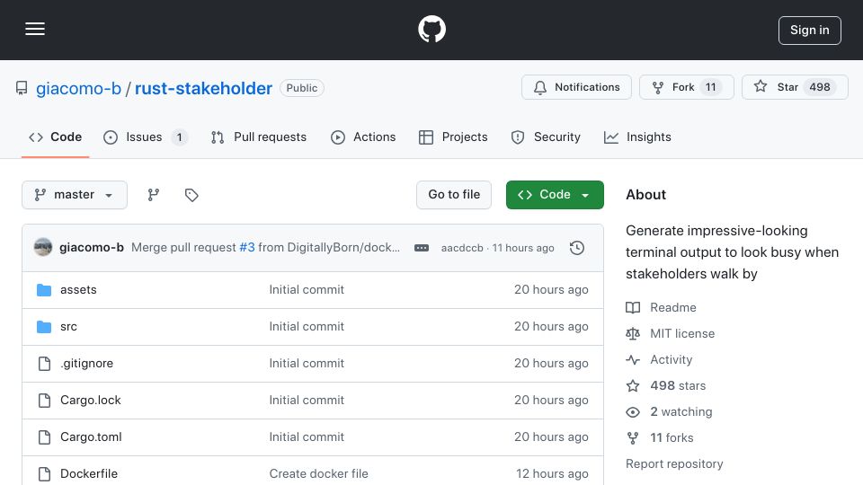 Screenshot of github.com: Generate impressive-looking terminal output, look busy when stakeholders walk by