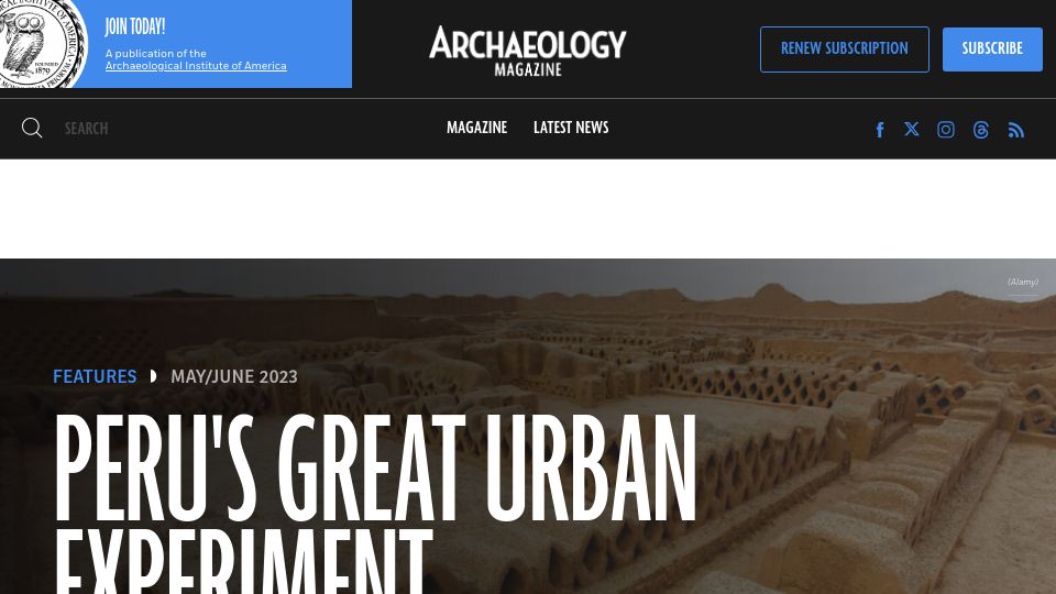 Screenshot of archaeology.org: Peru's Great Urban Experiment (2023)