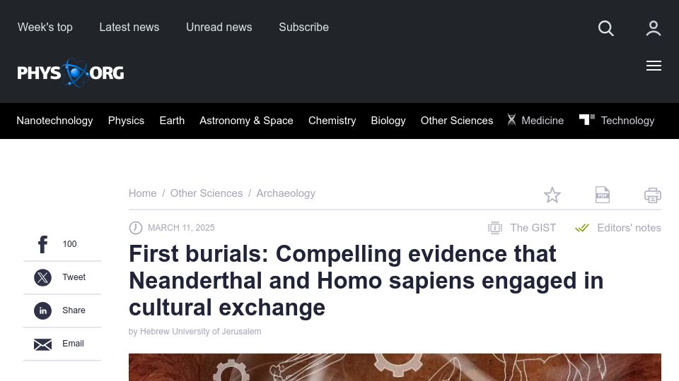 Screenshot of phys.org: Evidence that Neanderthal and Homo sapiens engaged in cultural exchange