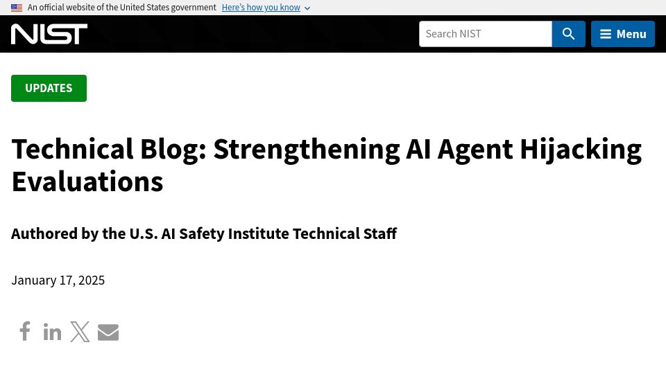 Screenshot of nist.gov: Strengthening AI Agent Hijacking Evaluations