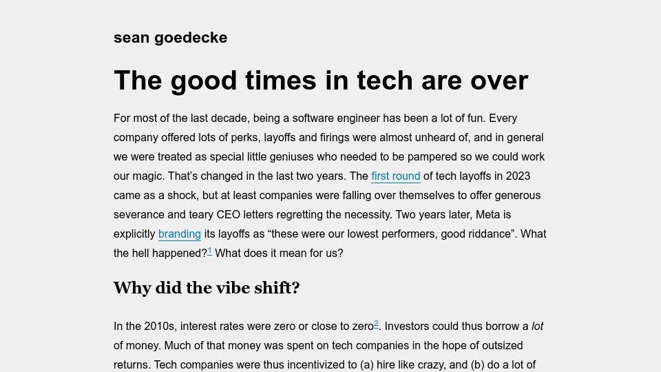 Screenshot of seangoedecke.com: The good times in tech are over
