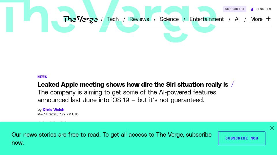 Screenshot of theverge.com: Leaked Apple meeting shows how dire the Siri situation is