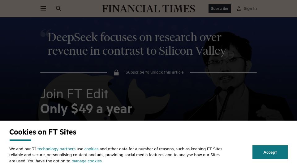 Screenshot of ft.com: DeepSeek focuses on research over revenue