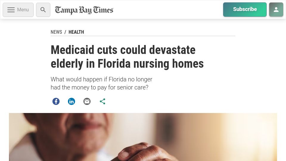Screenshot of tampabay.com: Medicaid cuts could devastate elderly in Florida nursing homes