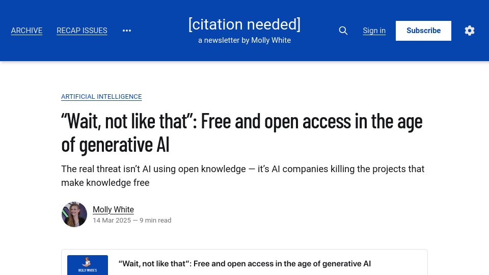 Screenshot of citationneeded.news: "Wait, not like that": Free and open access in the age of generative AI