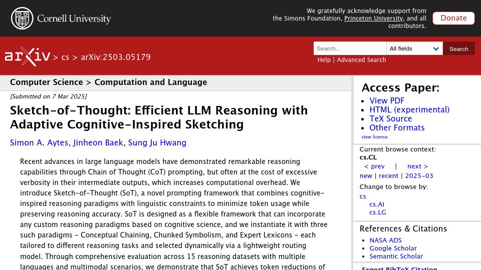 Screenshot of arxiv.org: Sketch-of-Thought: Efficient LLM Reasoning
