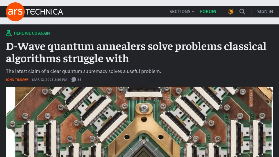 Screenshot of arstechnica.com: D-Wave quantum annealers solve problems classical algorithms struggle with