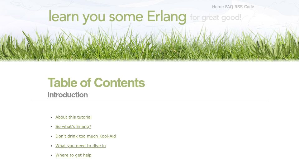 Screenshot of learnyousomeerlang.com: Learn You Some Erlang for Great Good (2013)
