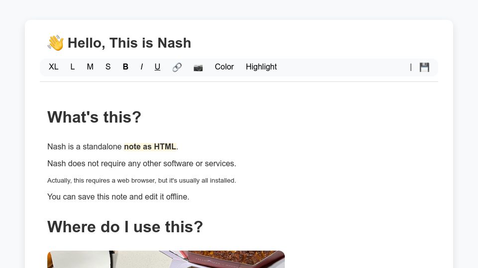 Screenshot of keepworking.github.io: Show HN: Nash, I made a standalone note with single HTML file