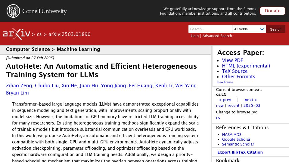 Screenshot of arxiv.org: AutoHete: An Automatic and Efficient Heterogeneous Training System for LLMs