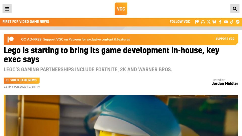 Screenshot of videogameschronicle.com: Lego says it wants to start to bring video game development in-house