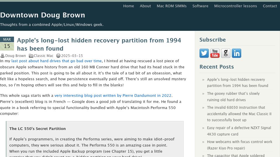Screenshot of downtowndougbrown.com: Apple's long-lost hidden recovery partition from 1994 has been found