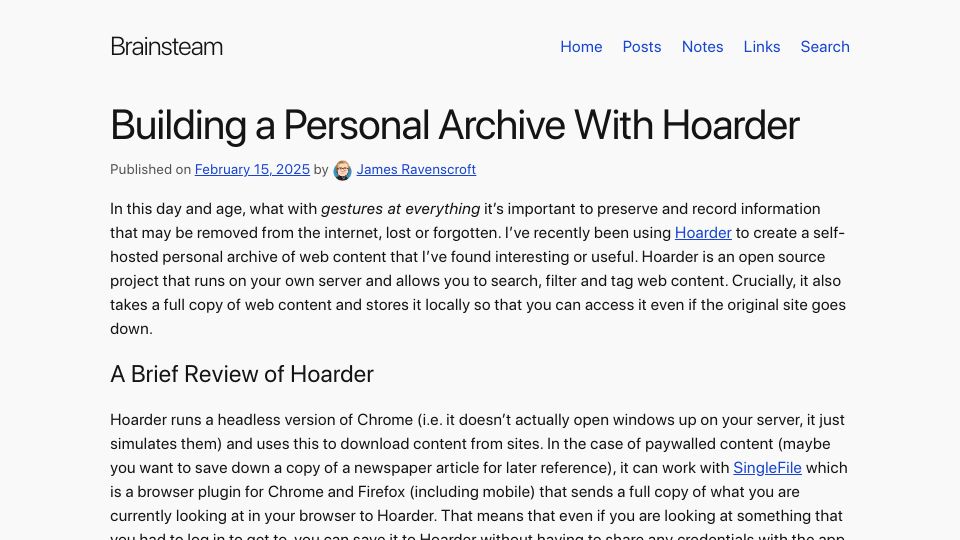 Screenshot of brainsteam.co.uk: Building a Personal Archive with Hoarder