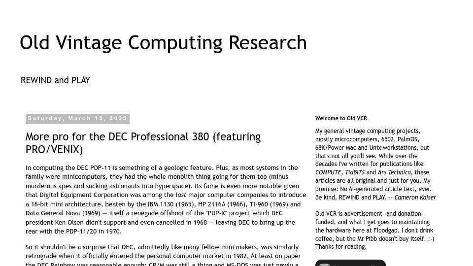 Screenshot of oldvcr.blogspot.com: More pro for the DEC Professional 380 (featuring PRO/VENIX)