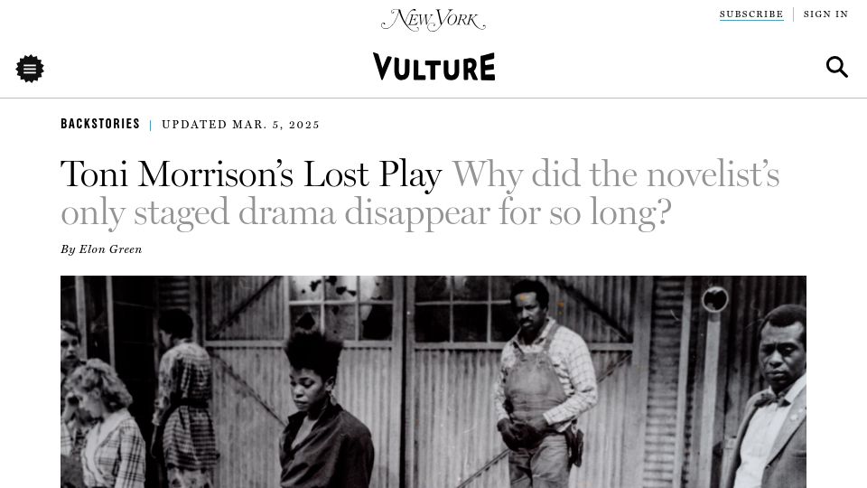 Screenshot of vulture.com: Toni Morrison's Lost Play
