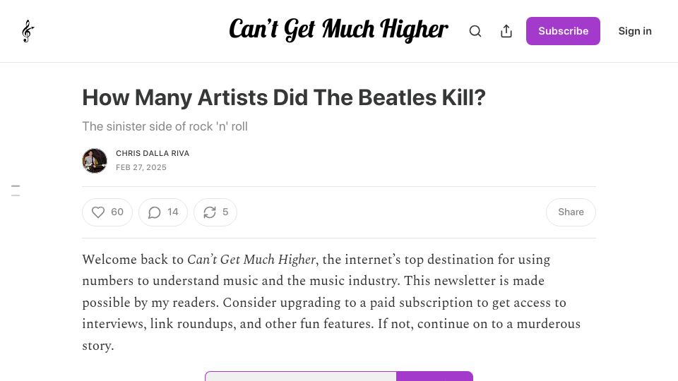 Screenshot of cantgetmuchhigher.com: How many artists' careers did the Beatles kill?