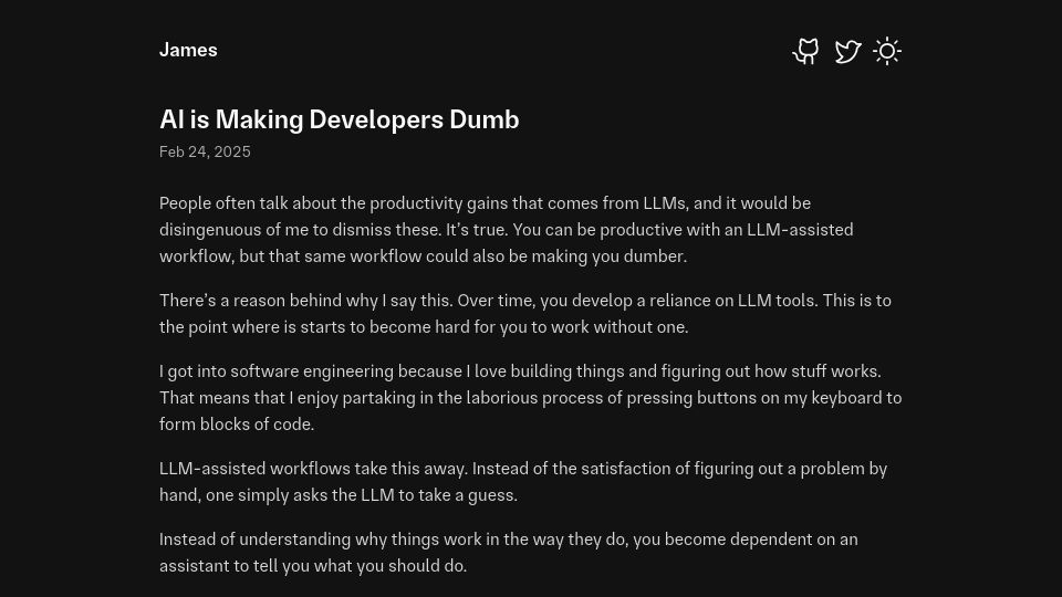 Screenshot of eli.cx: AI Is Making Developers Dumb