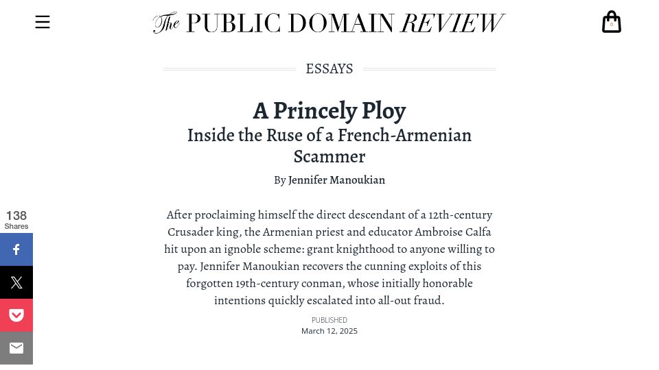 Screenshot of publicdomainreview.org: A Princely Ploy: Inside the Ruse of a French-Armenian Scammer