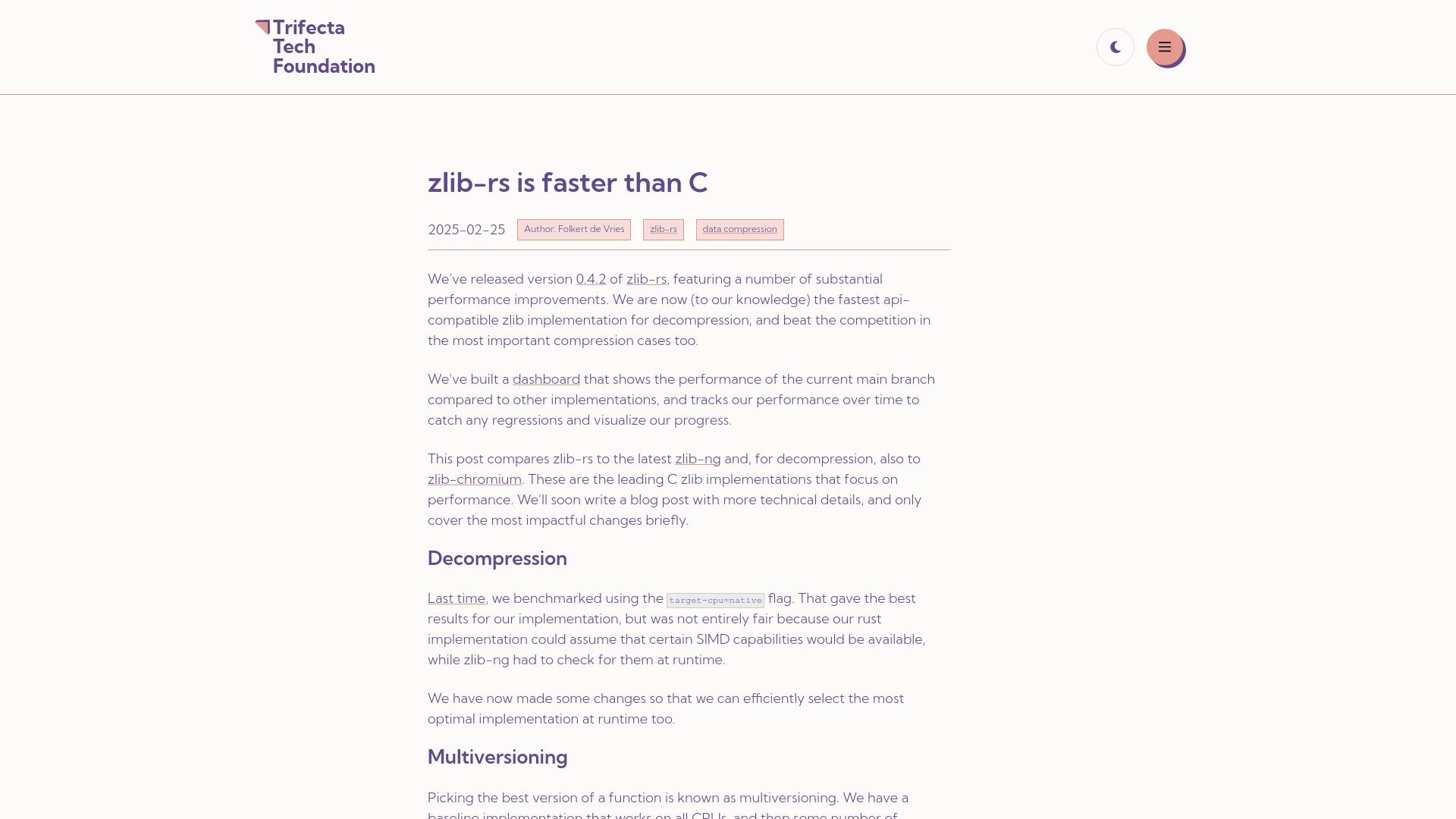Screenshot of trifectatech.org: Zlib-rs is faster than C