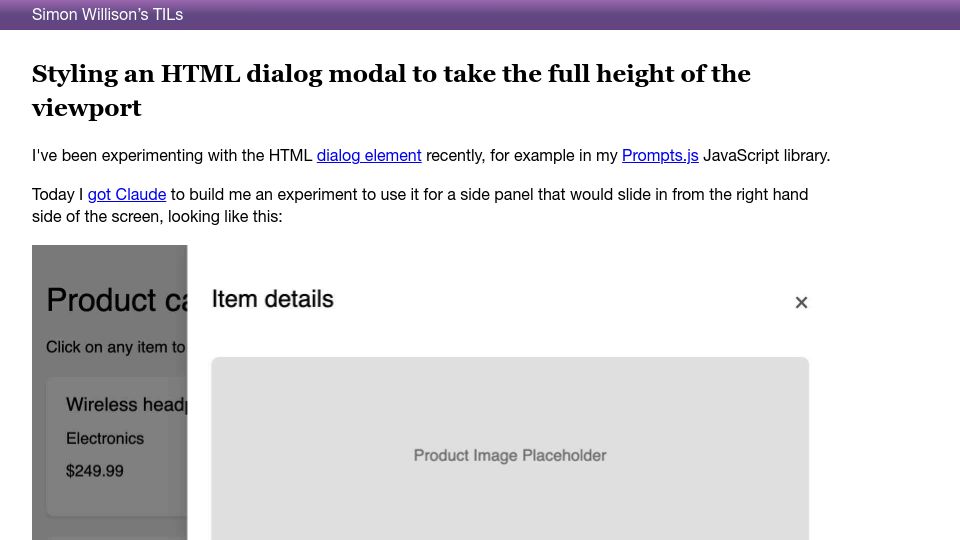 Screenshot of til.simonwillison.net: Styling an HTML dialog modal to take the full height of the viewport
