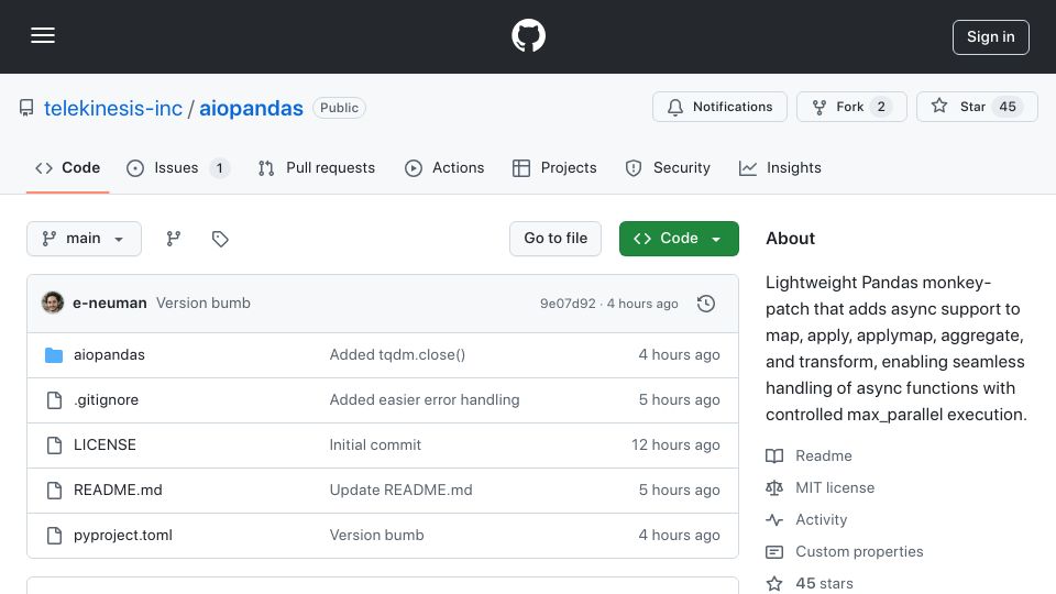 Screenshot of github.com: Show HN: Aiopandas – Async .apply() and .map() for Pandas, Faster API/LLMs Calls
