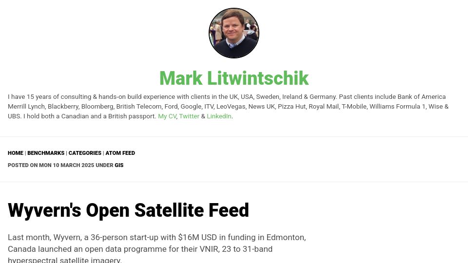 Screenshot of tech.marksblogg.com: Wyvern's Open Satellite Feed