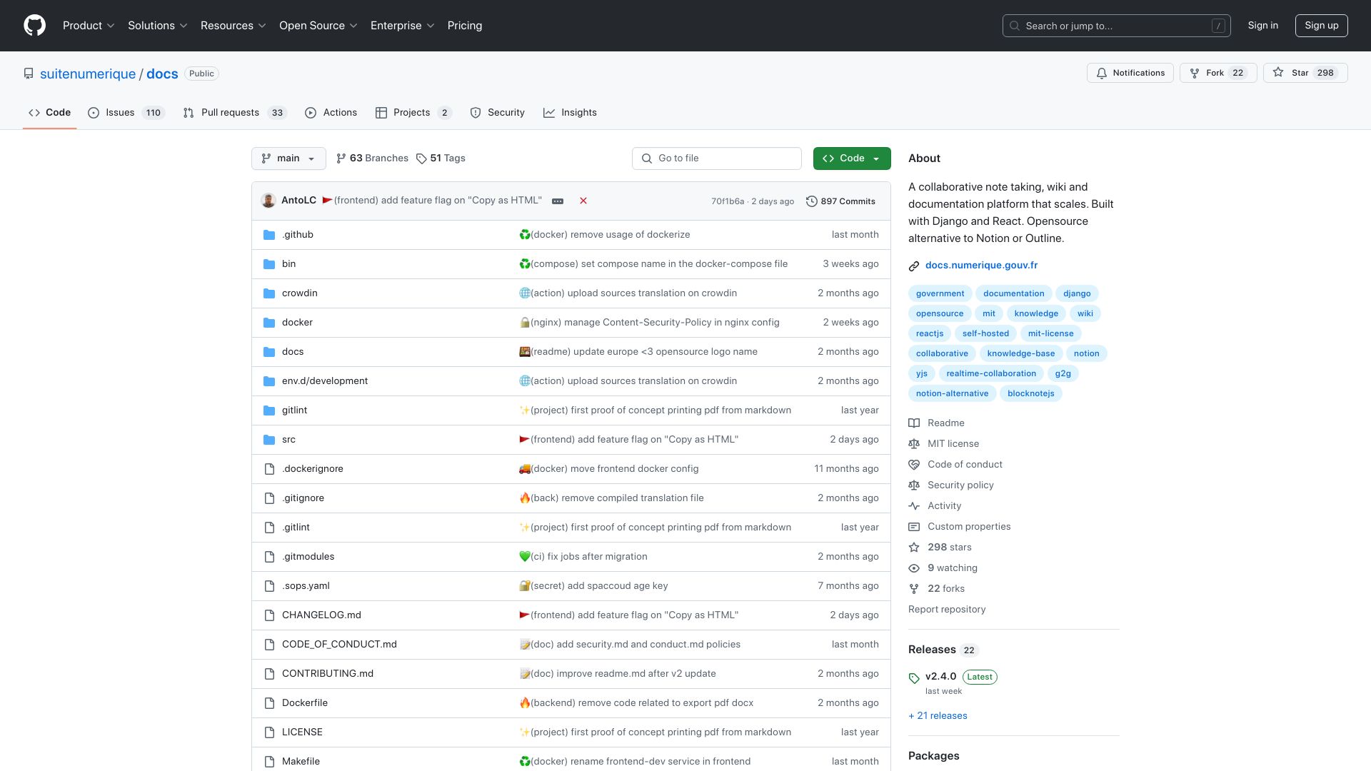 Screenshot of github.com: Docs – Open source alternative to Notion or Outline