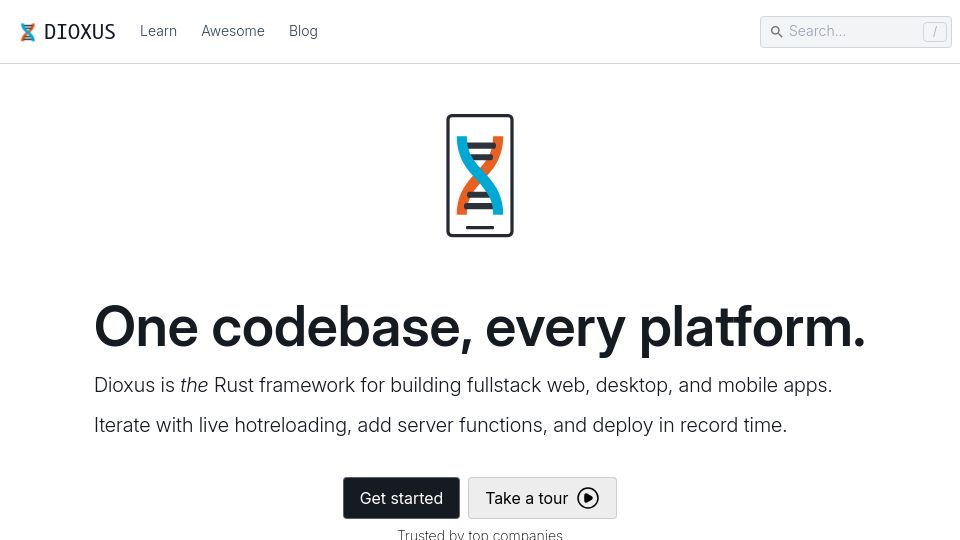 Screenshot of dioxuslabs.com: Dioxus – Fullstack crossplatform app framework for Rust