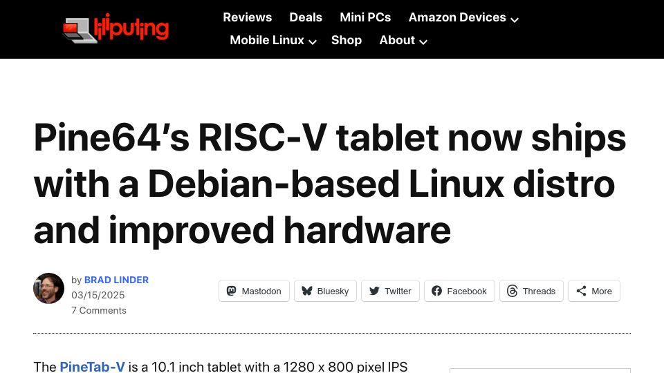 Screenshot of liliputing.com: Pine64's RISC-V tablet now ships with a Debian-based Linux and improved hardware