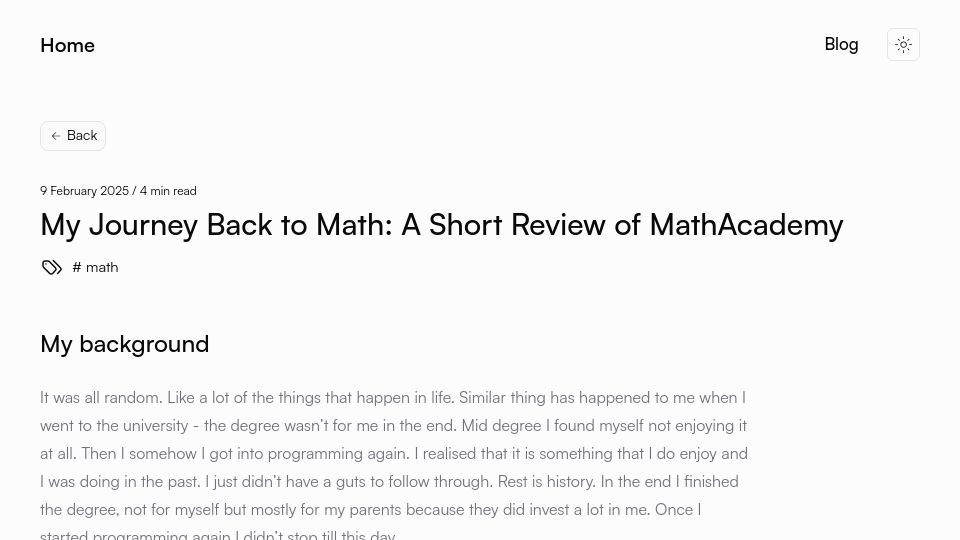 Screenshot of staszewski.xyz: My Journey Back to Math: A Short Review of MathAcademy