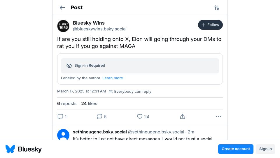 Screenshot of bsky.app: X now monitors your DMs