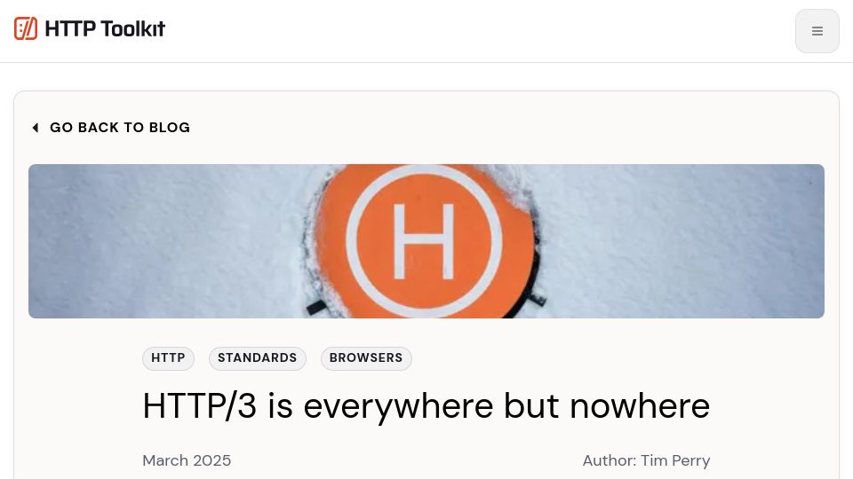 Screenshot of httptoolkit.com: HTTP/3 is everywhere but nowhere