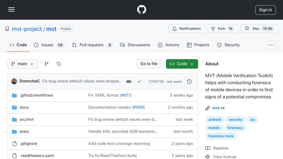 Screenshot of github.com: Conducting forensics of mobile devices to find signs of a potential compromise