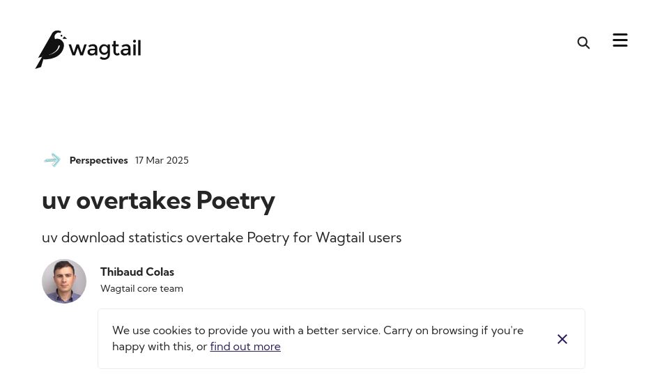 Screenshot of wagtail.org: uv downloads overtake Poetry for Wagtail users