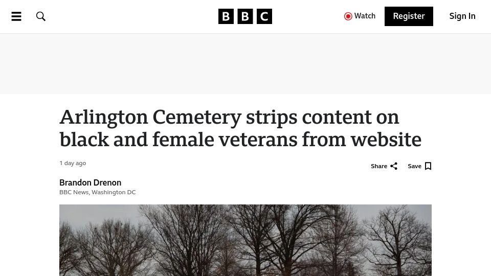 Screenshot of bbc.com: Arlington Cemetery strips content on black and female veterans from website