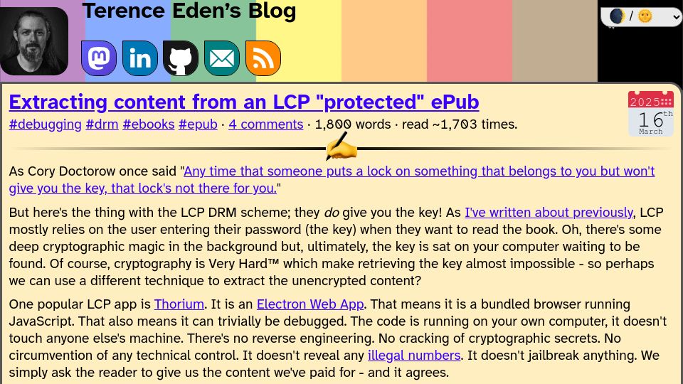 Screenshot of shkspr.mobi: Extracting content from an LCP “protected” ePub
