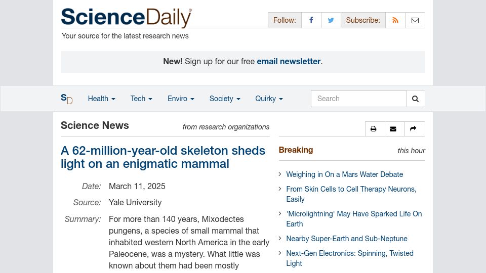 Screenshot of sciencedaily.com: A 62M-year-old skeleton sheds light on an enigmatic mammal