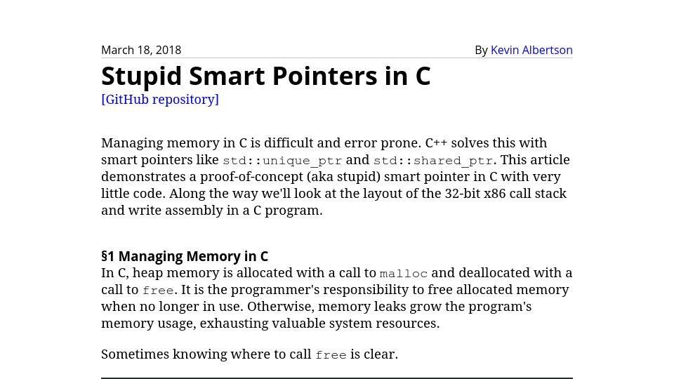 Screenshot of blog.kevinalbs.com: Stupid Smart Pointers in C